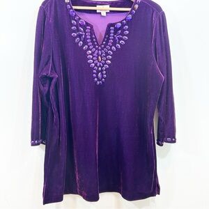 Quacker Factory Deep Purple Velvet Tunic Top with Jewel Accents Holiday Party